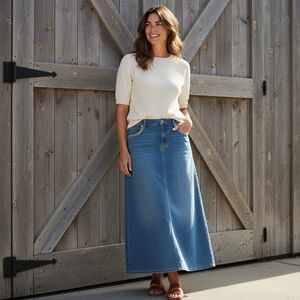 Cato Dark Wash Blue Denim Maxi Skirt With Embroidery Around Pockets